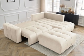 Canapé d'angle droit convertible avec pouf Arsene - Beige - Couchage 135 x 228 cm