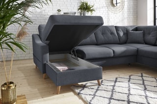 Canapé d'angle panoramique convertible gauche Sweden - Gris foncé - Couchage 260 x 130 cm