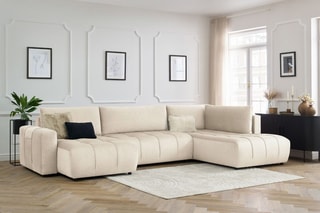 Canapé d'angle gauche panoramique convertible Arsene - Beige - Couchage 135 x 325 cm