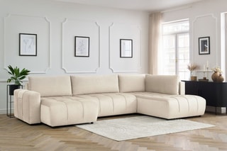 Canapé d'angle gauche panoramique convertible Arsene - Beige - Couchage 135 x 325 cm