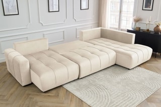 Canapé d'angle gauche panoramique convertible Arsene - Beige - Couchage 135 x 325 cm