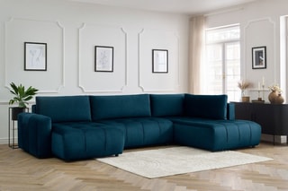Canapé d'angle gauche panoramique convertible Arsene - Bleu  - Couchage 135 x 325 cm
