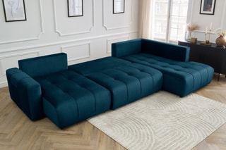 Canapé d'angle gauche panoramique convertible Arsene - Bleu  - Couchage 135 x 325 cm
