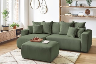 Canapé d'angle réversible convertible et pouf Envy - Kaki - Couchage 231 x 130 cm