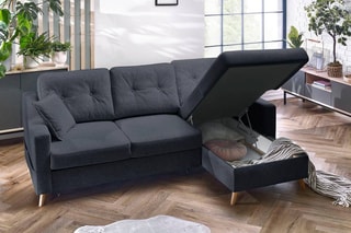 Canapé 4 places d'angle droit convertible avec coffre Sweden - Gris foncé - Couchage 128 x 196 cm