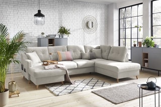 Canapé d'angle panoramique convertible gauche Sweden - Crème - Couchage 260 x 130 cm