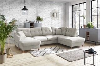 Canapé d'angle panoramique convertible gauche Sweden - Crème - Couchage 260 x 130 cm