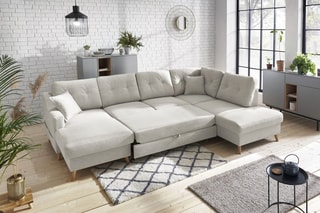 Canapé d'angle panoramique convertible gauche Sweden - Crème - Couchage 260 x 130 cm