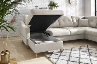 Canapé d'angle panoramique convertible gauche Sweden - Crème - Couchage 260 x 130 cm