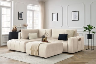 Canapé d'angle gauche convertible avec pouf Arsene - Beige - Couchage 135 x 228 cm