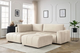 Canapé d'angle gauche convertible avec pouf Arsene - Beige - Couchage 135 x 228 cm
