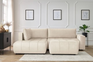 Canapé d'angle gauche convertible avec pouf Arsene - Beige - Couchage 135 x 228 cm