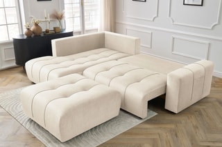 Canapé d'angle gauche convertible avec pouf Arsene - Beige - Couchage 135 x 228 cm