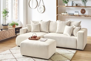 Canapé d'angle réversible convertible et pouf Envy - Crème - Couchage 231 x 130 cm