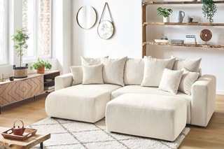 Canapé d'angle réversible convertible et pouf Envy - Crème - Couchage 231 x 130 cm