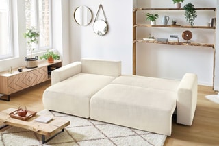 Canapé d'angle réversible convertible et pouf Envy - Crème - Couchage 231 x 130 cm