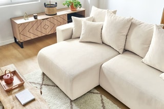 Canapé d'angle réversible convertible et pouf Envy - Crème - Couchage 231 x 130 cm