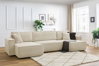 Canapé d'angle panoramique convertible Nihad - Beige - Couchage 231 x 130 cm