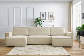 Canapé d'angle panoramique convertible Nihad - Beige - Couchage 231 x 130 cm