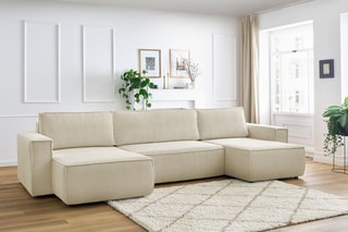 Canapé d'angle panoramique convertible Nihad - Beige - Couchage 231 x 130 cm
