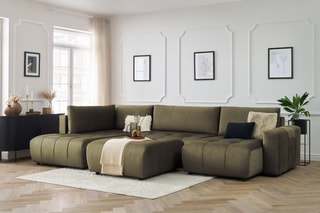 Canapé d'angle droit panoramique convertible avec pouf Arsene - Vert - Couchage 135 x 325 cm
