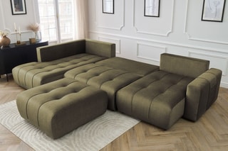 Canapé d'angle droit panoramique convertible avec pouf Arsene - Vert - Couchage 135 x 325 cm