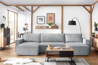 Canapé d'angle panoramique convertible Nihad - Gris clair - Couchage 328 x 139 cm