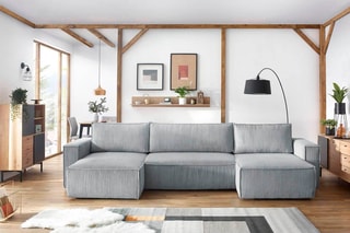 Canapé d'angle panoramique convertible Nihad - Gris clair - Couchage 328 x 139 cm