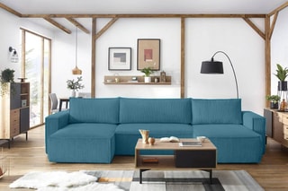 Canapé d'angle panoramique convertible Nihad - Bleu canard - Couchage 328 x 139 cm