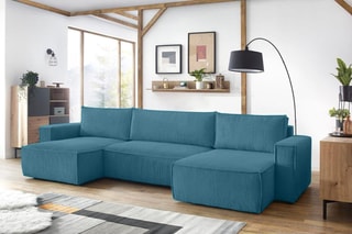 Canapé d'angle panoramique convertible Nihad - Bleu canard - Couchage 328 x 139 cm