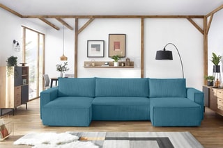 Canapé d'angle panoramique convertible Nihad - Bleu canard - Couchage 328 x 139 cm