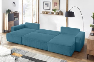 Canapé d'angle panoramique convertible Nihad - Bleu canard - Couchage 328 x 139 cm