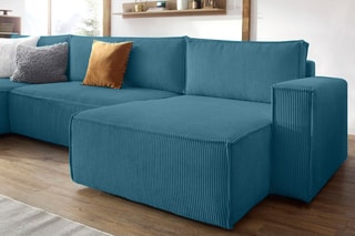 Canapé d'angle panoramique convertible Nihad - Bleu canard - Couchage 328 x 139 cm