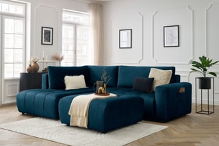 Canapé d'angle gauche convertible avec pouf Arsene - Bleu - Couchage 135 x 228 cm