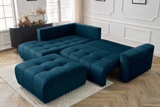 Canapé d'angle gauche convertible avec pouf Arsene - Bleu - Couchage 135 x 228 cm