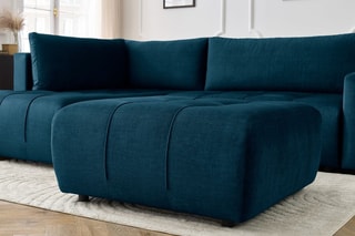 Canapé d'angle gauche convertible avec pouf Arsene - Bleu - Couchage 135 x 228 cm
