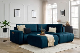 Canapé d'angle droit convertible avec pouf Arsene - Bleu  - Couchage 135 x 228 cm