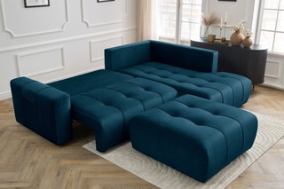 Canapé d'angle droit convertible avec pouf Arsene - Bleu  - Couchage 135 x 228 cm