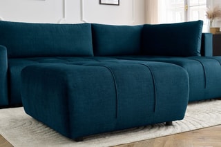 Canapé d'angle droit convertible avec pouf Arsene - Bleu  - Couchage 135 x 228 cm