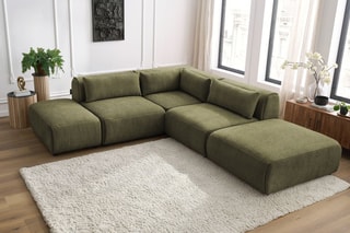 Canapé d'angle modulable et 2 poufs Jeanne - Vert