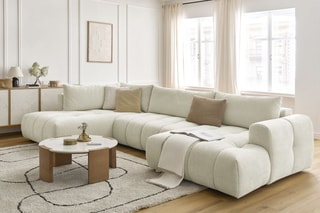 Canapé d'angle droit panoramique convertible Fugi - Beige - 5 places - Tissu toucher lisse - Couchage 324 x 135 cm