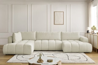 Canapé d'angle droit panoramique convertible Fugi - Beige - 5 places - Tissu toucher lisse - Couchage 324 x 135 cm