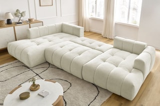 Canapé d'angle droit panoramique convertible Fugi - Beige - 5 places - Tissu toucher lisse - Couchage 324 x 135 cm