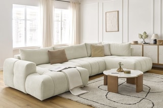 Canapé d'angle gauche panoramique convertible Fugi - Beige - 5 places - Tissu toucher lisse - Couchage 324 x 135 cm