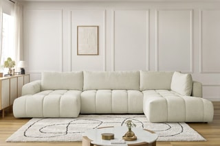 Canapé d'angle gauche panoramique convertible Fugi - Beige - 5 places - Tissu toucher lisse - Couchage 324 x 135 cm