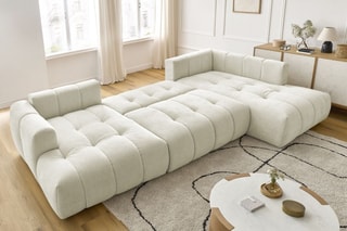 Canapé d'angle gauche panoramique convertible Fugi - Beige - 5 places - Tissu toucher lisse - Couchage 324 x 135 cm
