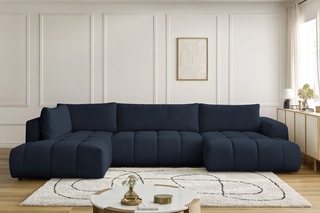 Canapé d'angle droit panoramique convertible Fugi - Bleu foncé - 5 places - Tissu toucher lisse - Couchage 324 x 135 cm