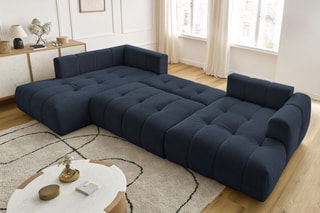Canapé d'angle droit panoramique convertible Fugi - Bleu foncé - 5 places - Tissu toucher lisse - Couchage 324 x 135 cm