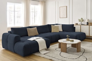 Canapé d'angle gauche panoramique convertible Fugi - Bleu foncé - 5 places - Tissu toucher lisse - Couchage 324 x 135 cm