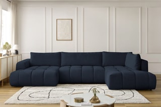 Canapé d'angle gauche panoramique convertible Fugi - Bleu foncé - 5 places - Tissu toucher lisse - Couchage 324 x 135 cm
